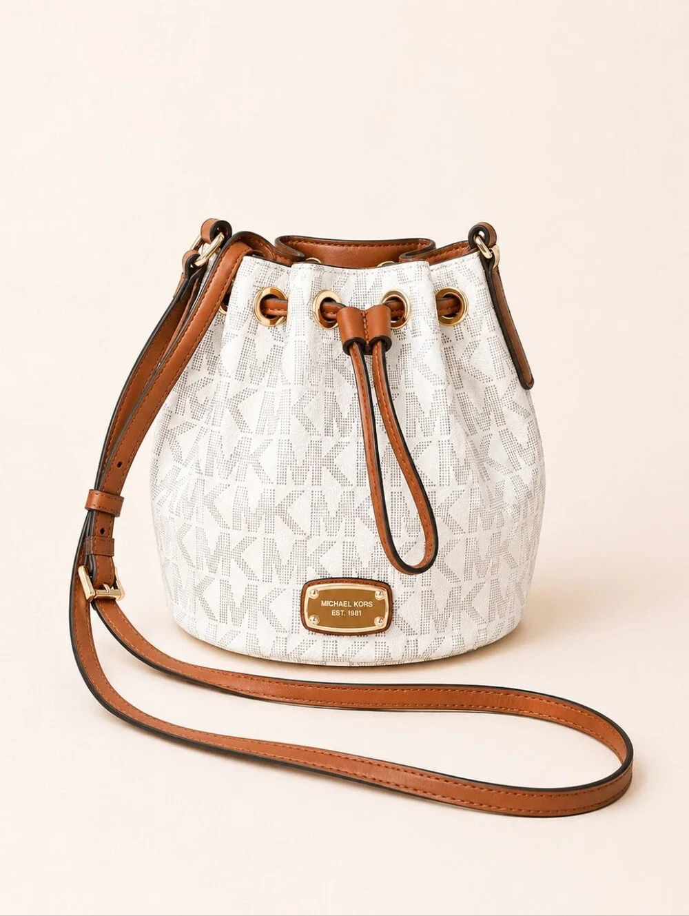 Michael Kors Vanilla Small MK Logo Canvas Fulton Drawstring Crossbody Bucket Bag